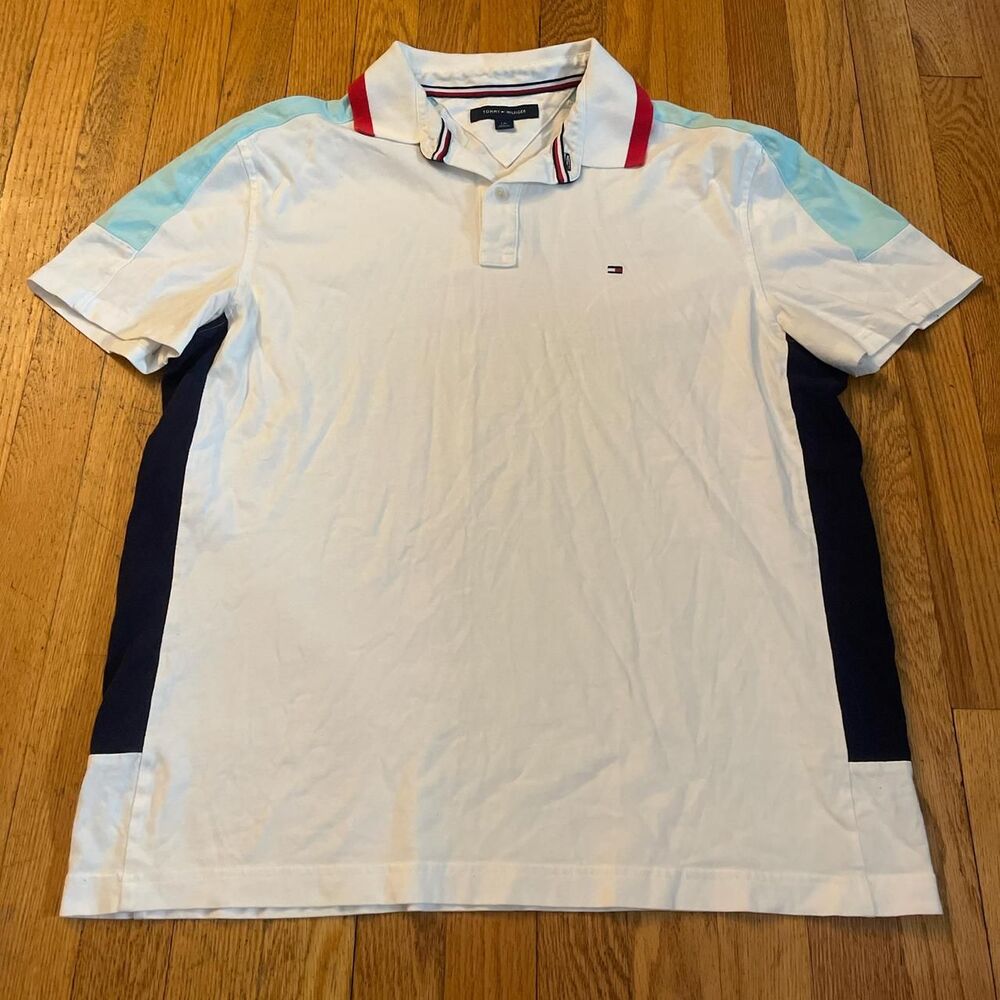 tommy hilfiger men’s white and blue colorblock polo tee size large